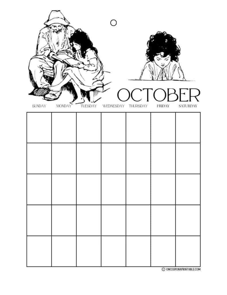 Heidi coloring page calendar in black and white illustrations by Jessie Willcox Smith.