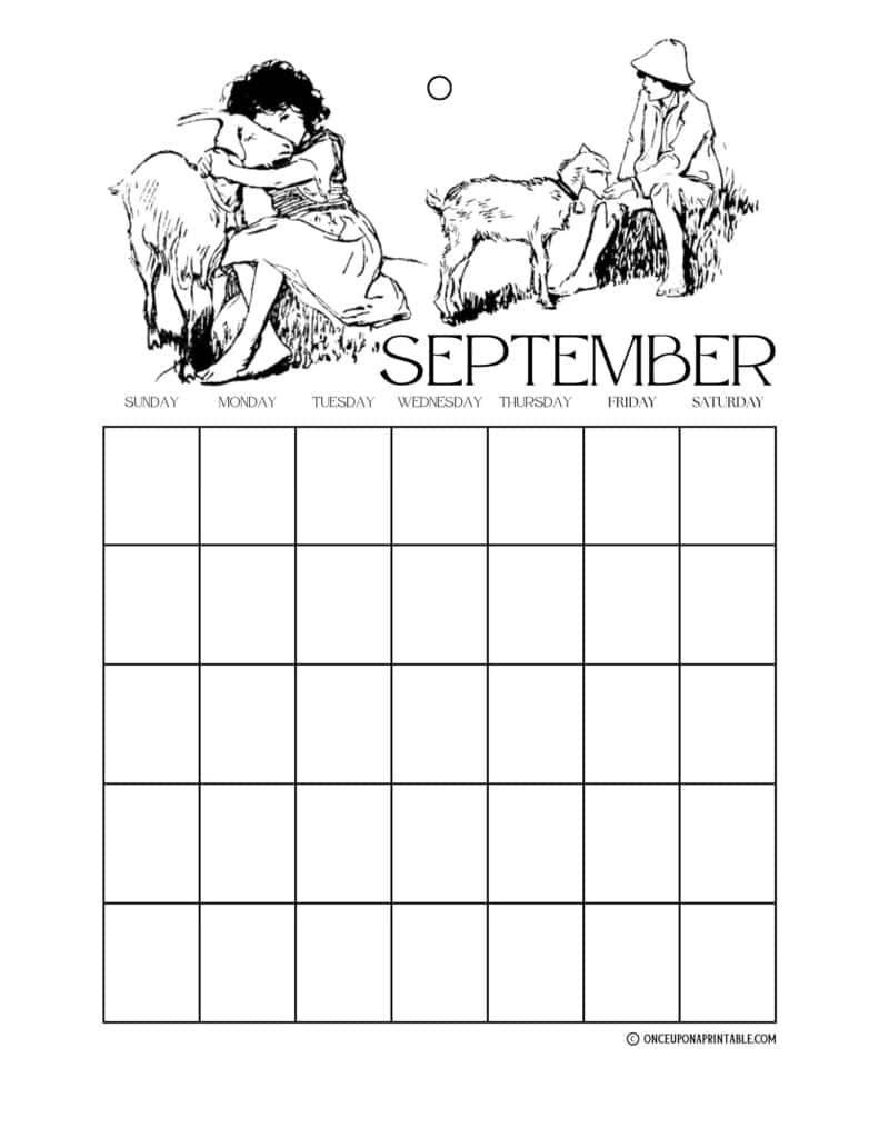 Heidi coloring page calendar in black and white illustrations by Jessie Willcox Smith.