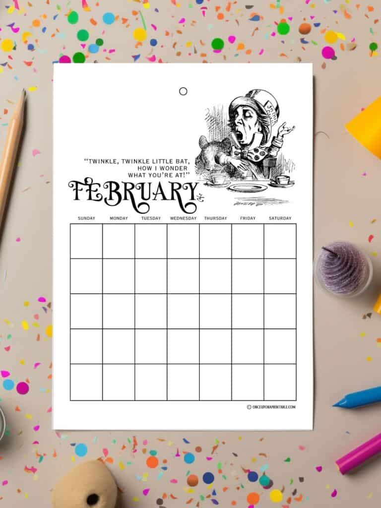 The Mad Hatter coloring page calendar with coloring splatters.