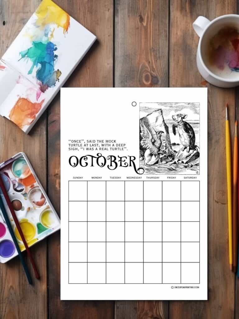 The mock turtle's sad story, coloring page calendar with painting elements.