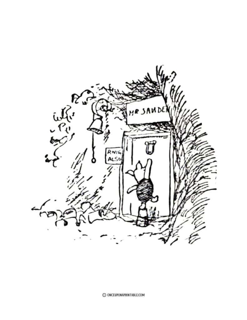 Original Illustrations by E. H. Shepard, classic Winnie the Pooh and Christopher Robin. (Piglet ringing a door bell).