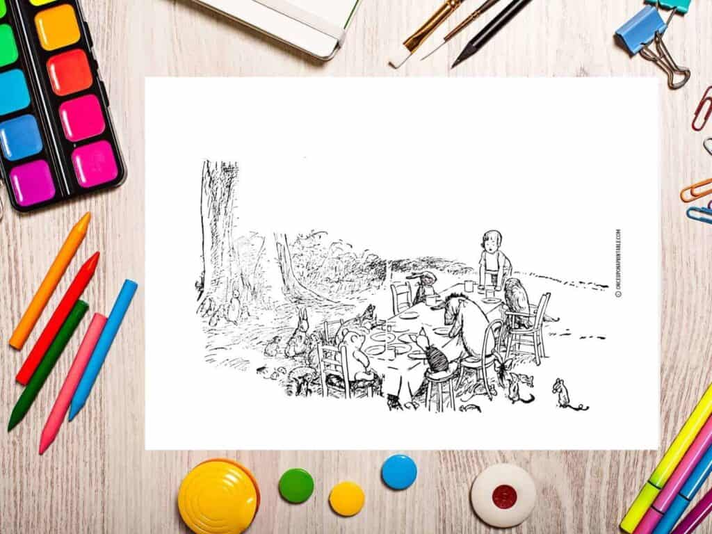 Christopher robin throwing a "hero" party with all his friends, Winnie the Pooh, Piglet, Eeyore, Kanga and Roo, and Owl.
