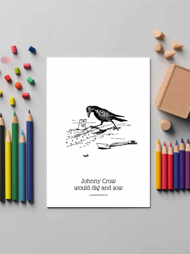 Johnny Crow's Garden coloring page next to coloring pencils.
