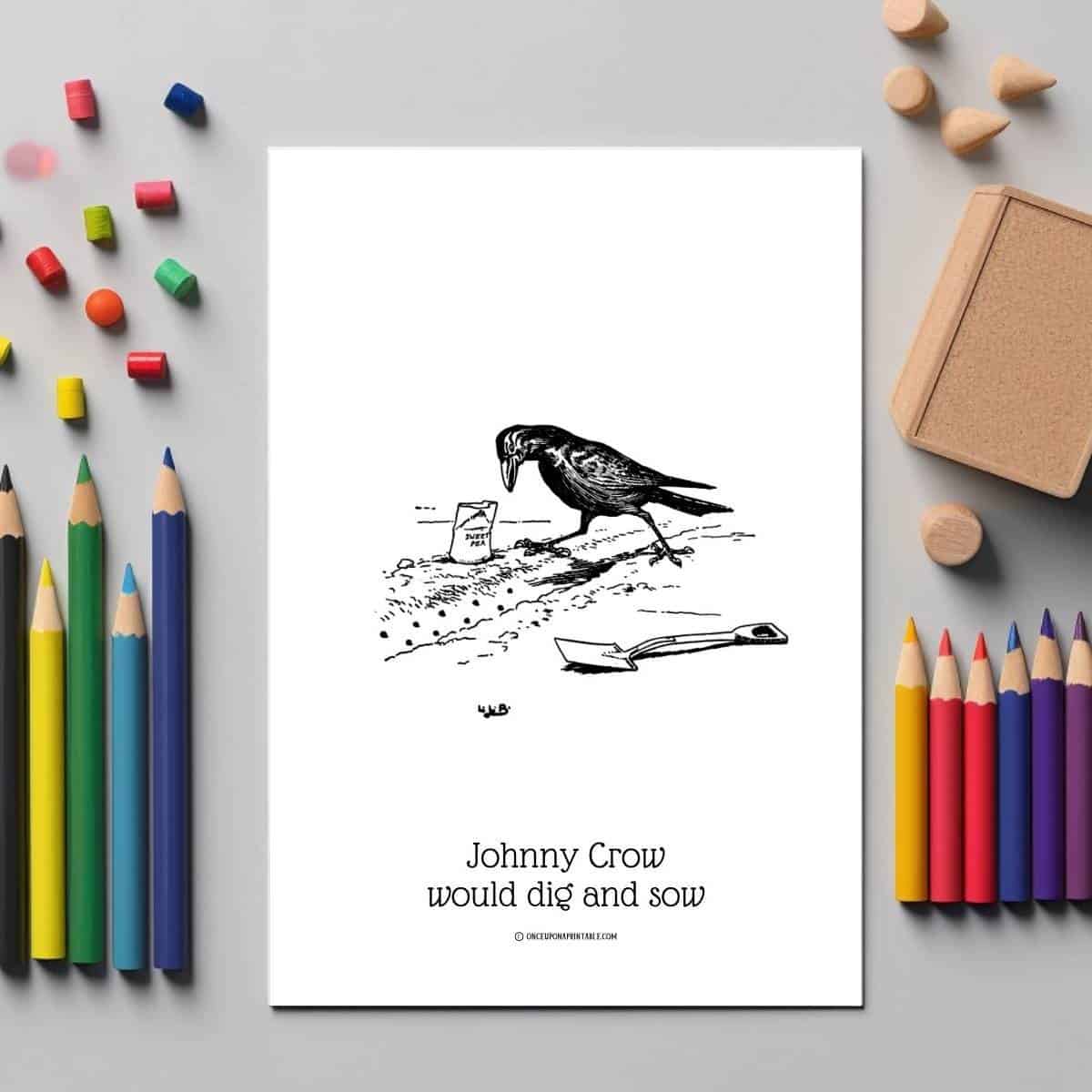 Johnny Crow's Garden coloring page next to coloring pencils.