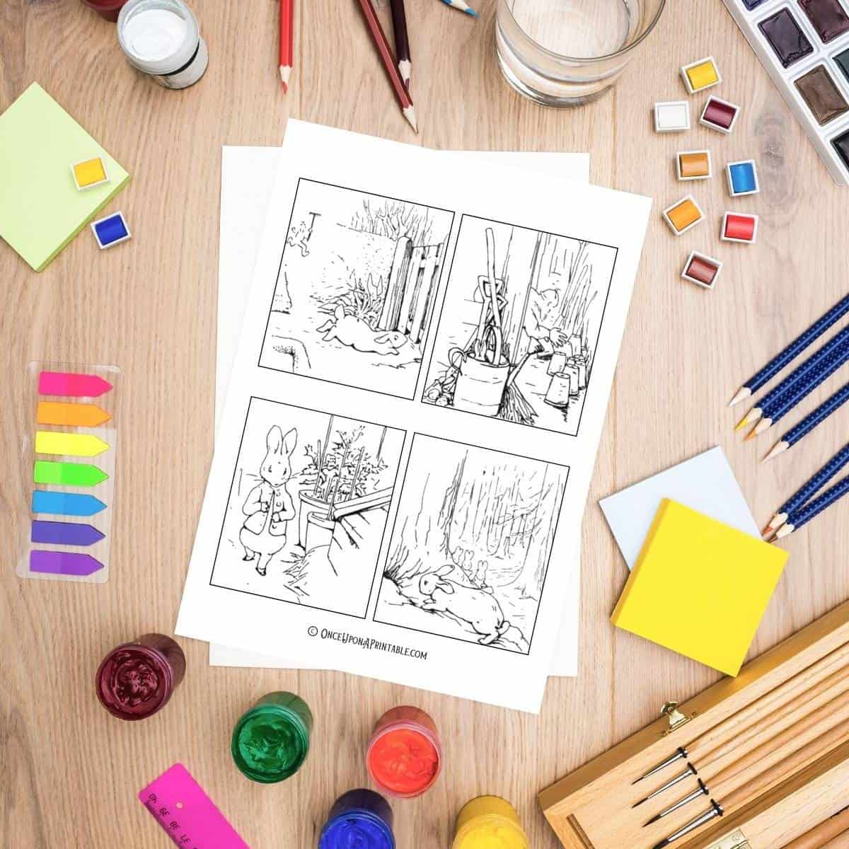 Beatrix Potter mini Peter Rabbit coloring pictures, free printables for kids.