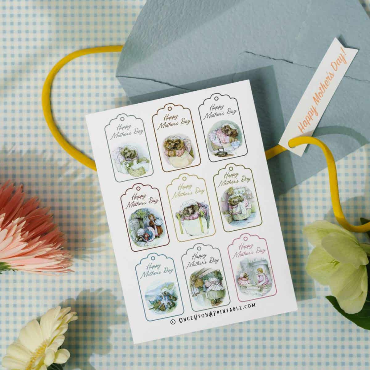 A sheet of Mrs. Tiggy-Winkle Mother's Day Gift Tags, a classic character created and illustrated by Beatrix Potter.
