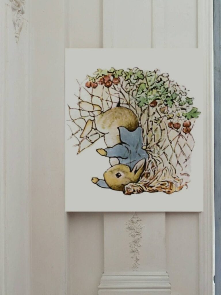 Peter Rabbit tangled in a net with raddishes.