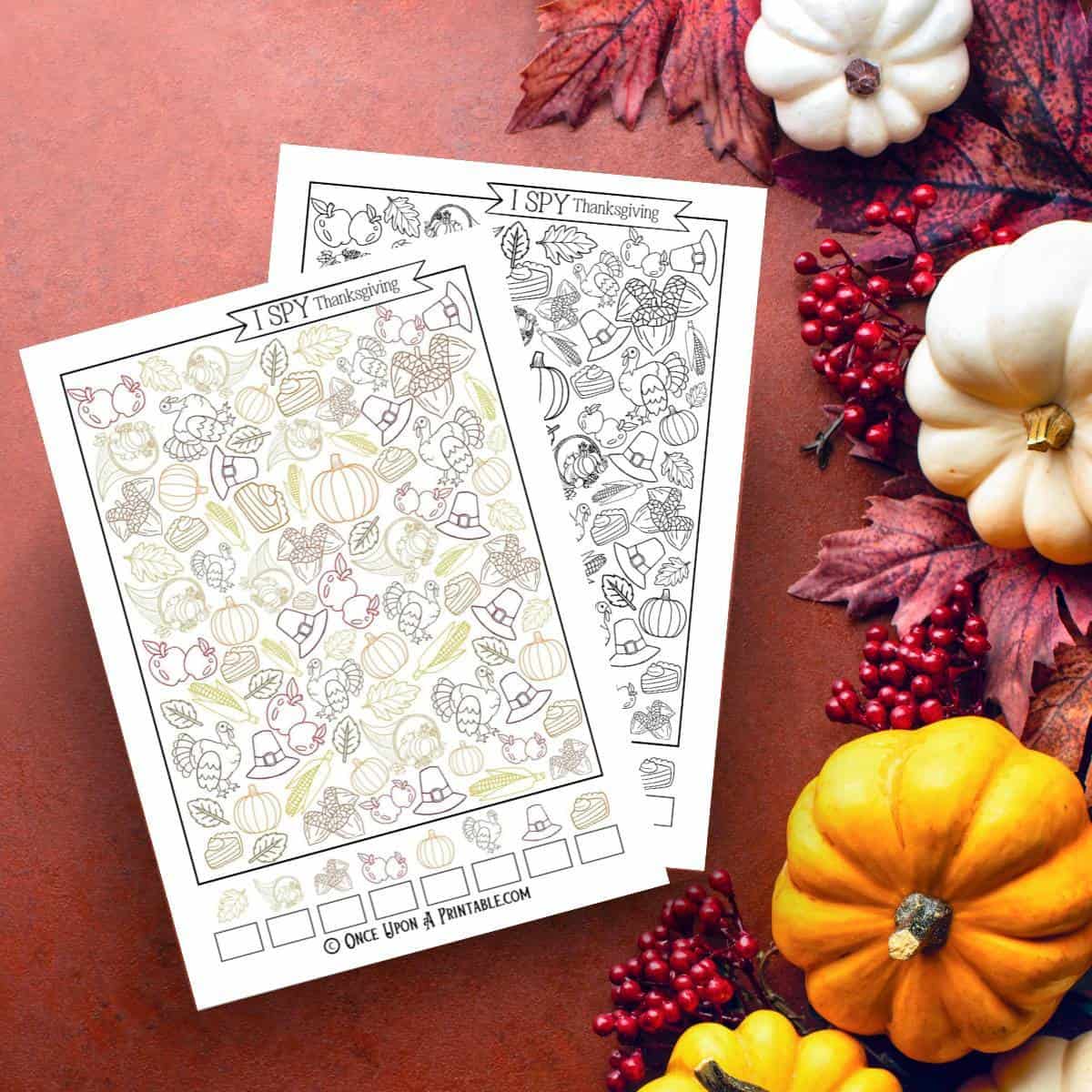 Thanksgiving I Spy coloring page in black and white and brightly colored sheets.