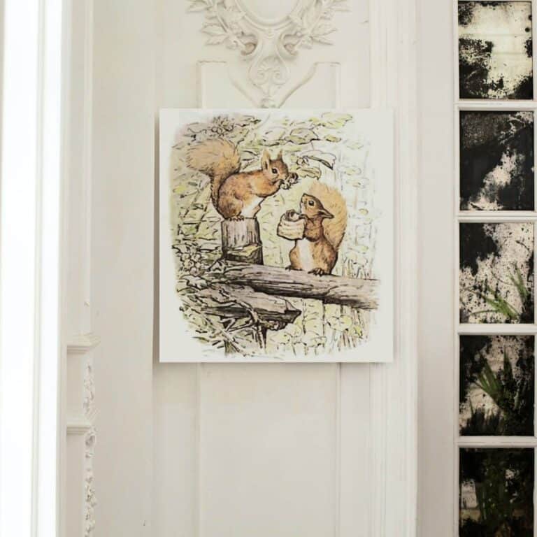 The tale of Squirrel Nutkin by Beatrix Potter framed illustrations as art work on a wall.