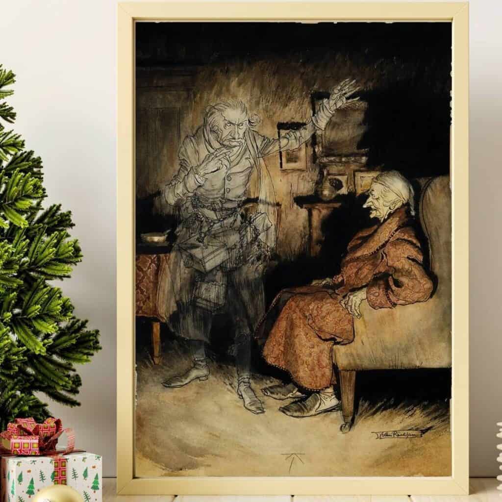 The Ghost of Marley visiting Scrooge, an original illustration by Arthur Rackham from "A Christmas Carol".