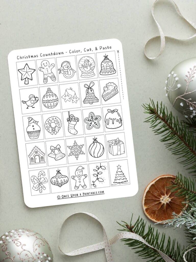Christmas countdown calendar for kids, color, cut, and paste activities for families.
