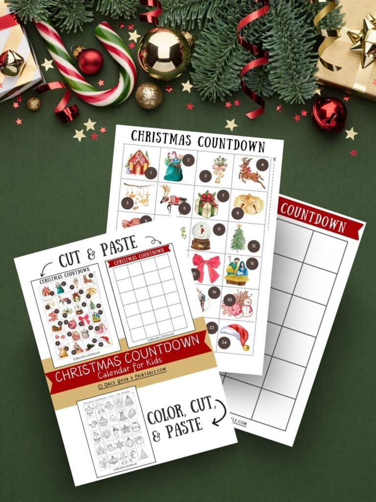 Christmas countdown calendar for kids, color, cut, and paste activities for families.
