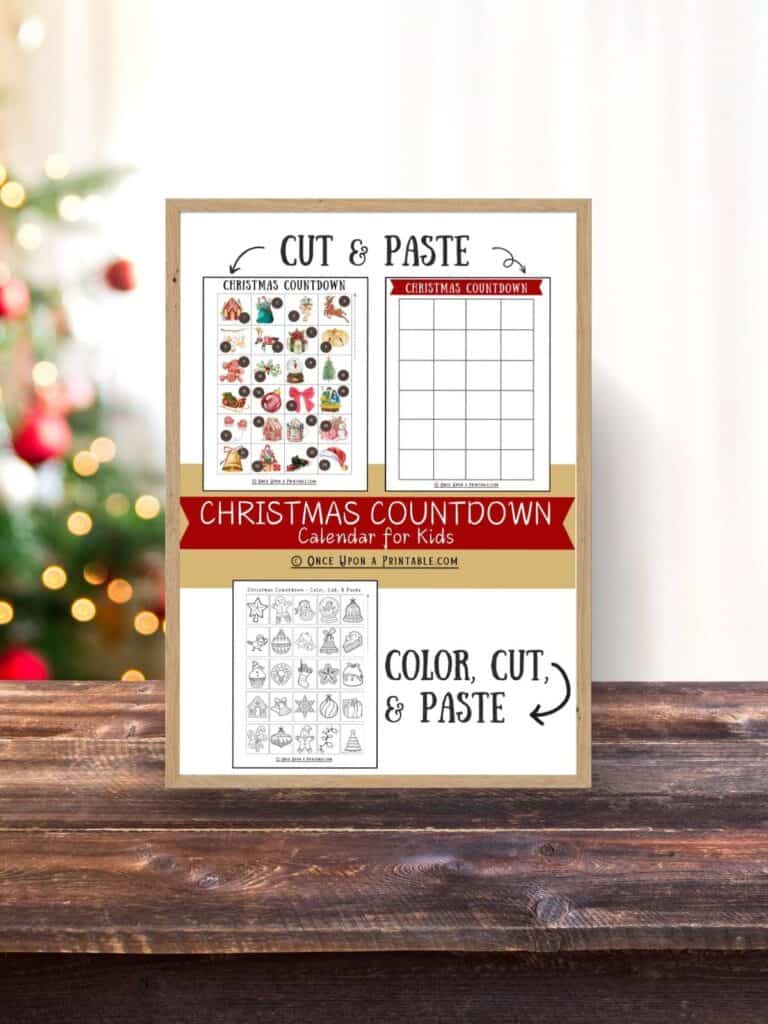 Christmas countdown calendar for kids, color, cut, and paste activities for families.