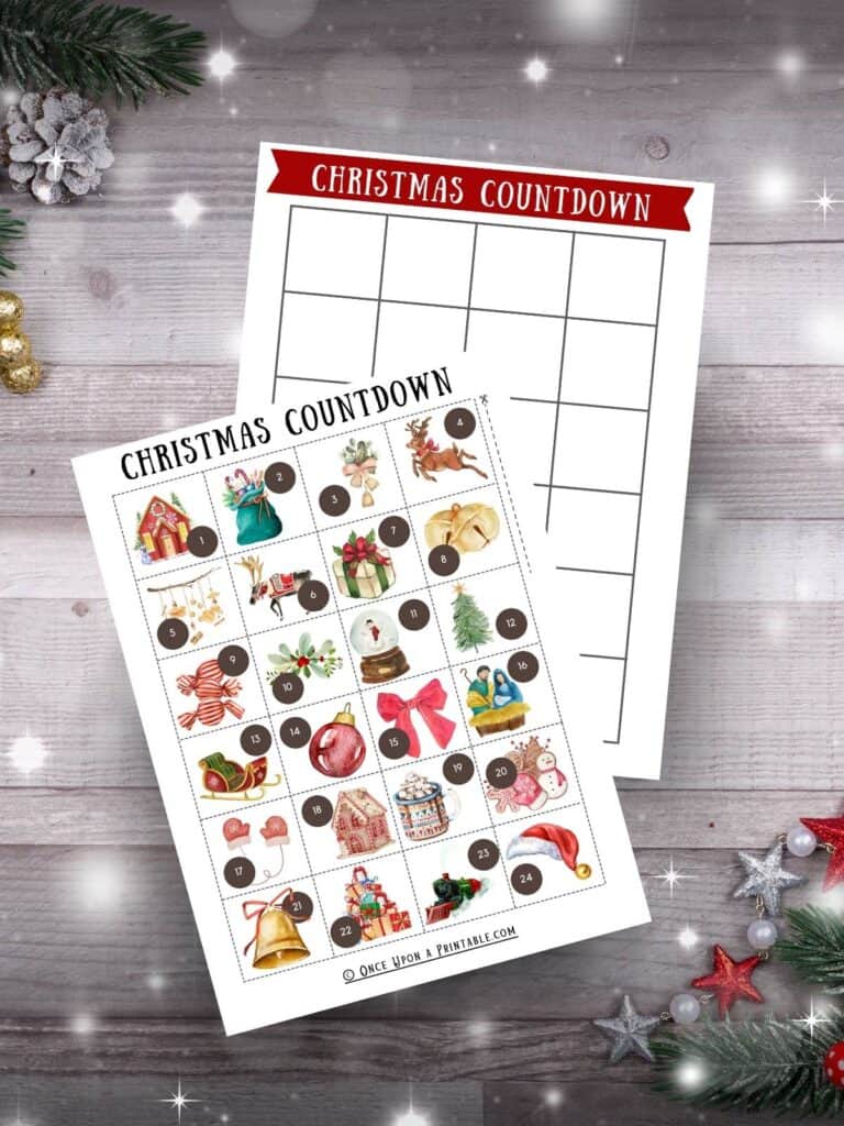Christmas countdown calendar for kids, color, cut, and paste activities for families.