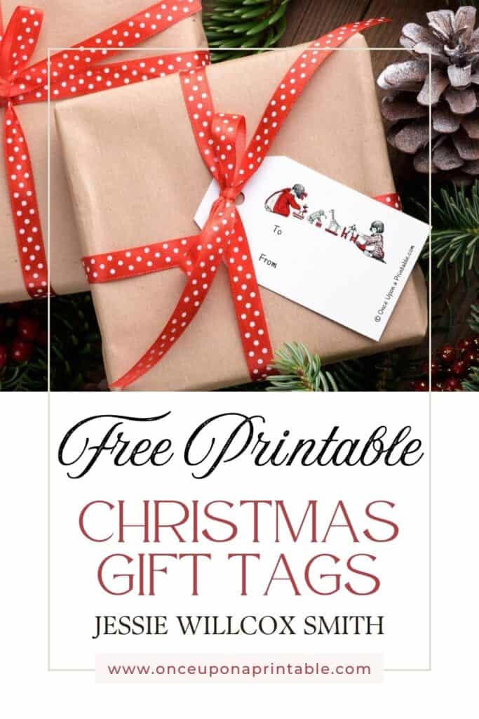 Simple vintage Christmas gift tags on brown paper wrapped boxes and red ribbon, adorned with a vintage illustration by Jessie Willcox Smith's version of Twas the night before Christmas story.