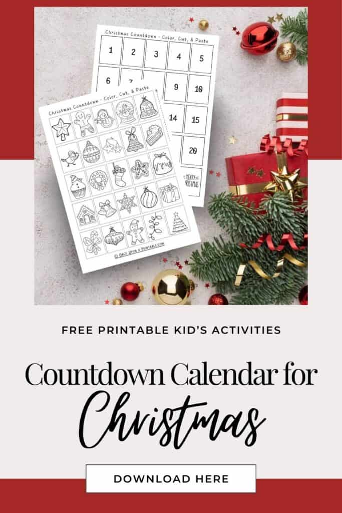 Christmas countdown calendar for kids, color, cut, and paste activities for families.