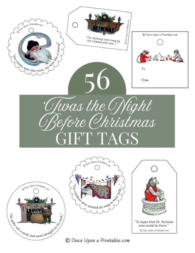 Vintage illustrated gift tags by Jessie Willcox Smith's version of Twas the night before Christmas story.