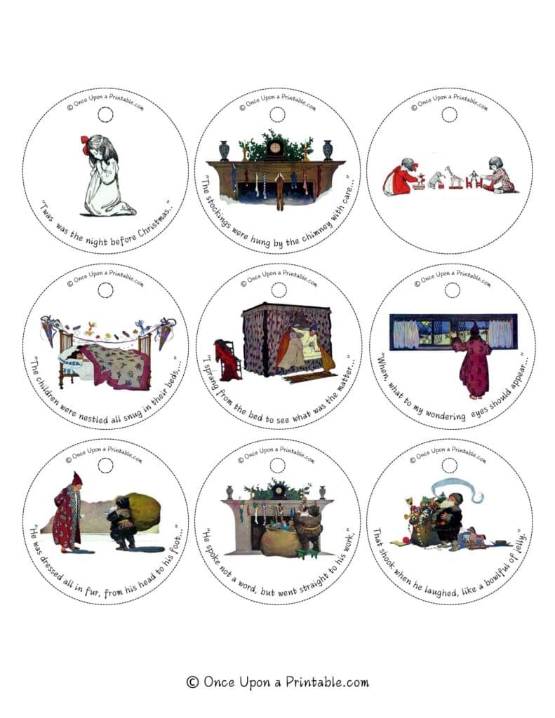 Vintage illustrated gift tags by Jessie Willcox Smith's version of Twas the night before Christmas story.