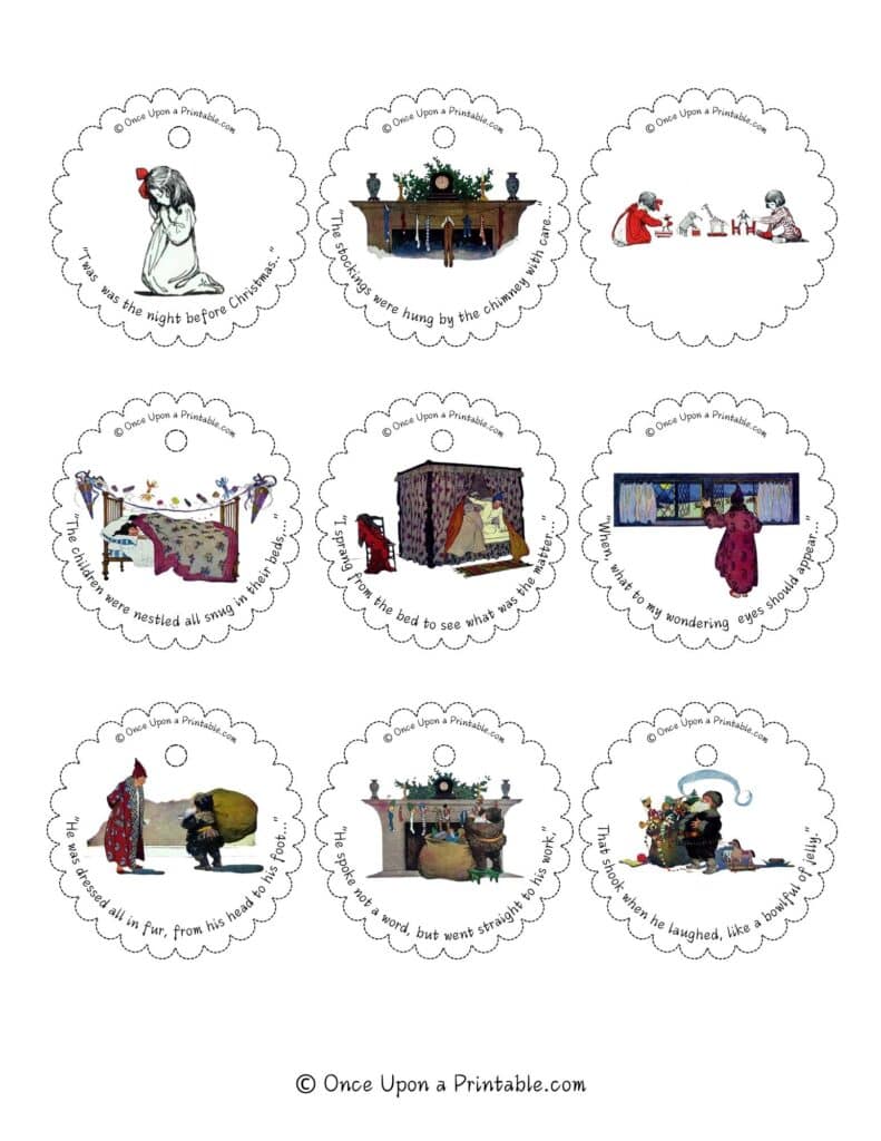 Vintage illustrated gift tags by Jessie Willcox Smith's version of Twas the night before Christmas story.