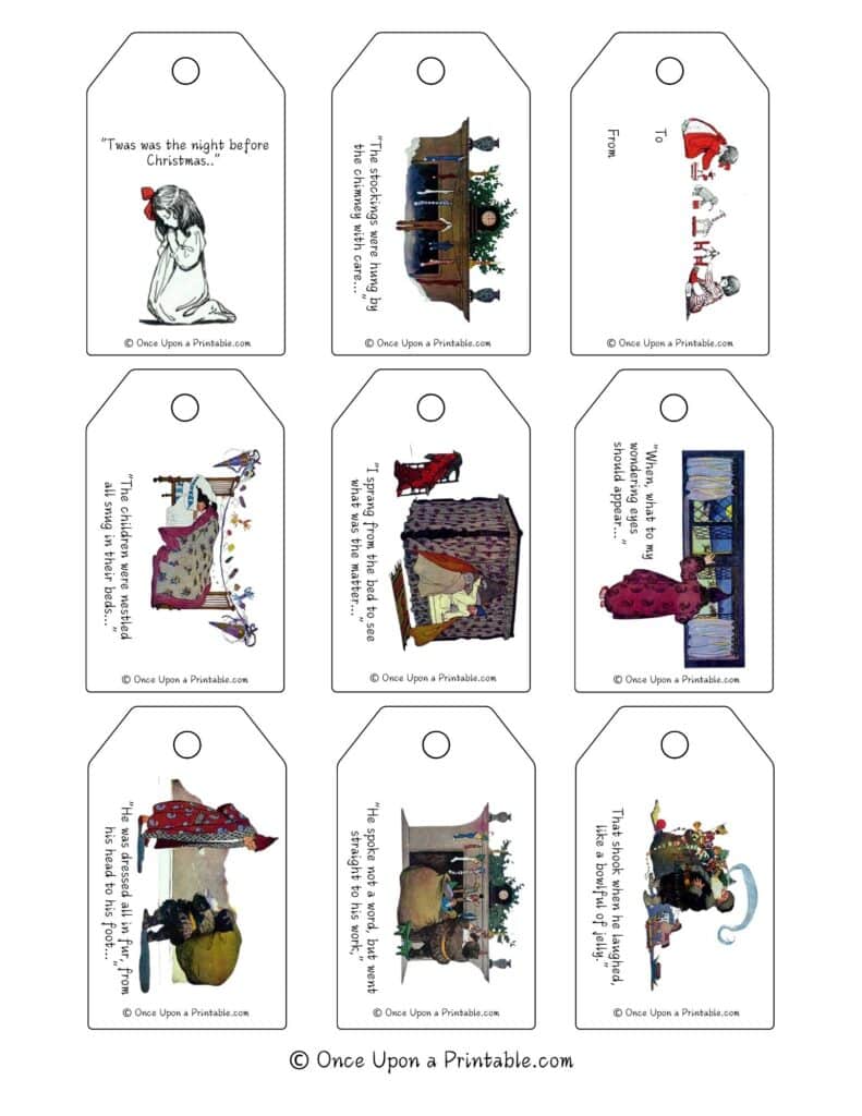 Vintage illustrated gift tags by Jessie Willcox Smith's version of Twas the night before Christmas story.