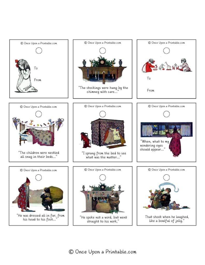 Vintage illustrated gift tags by Jessie Willcox Smith's version of Twas the night before Christmas story.