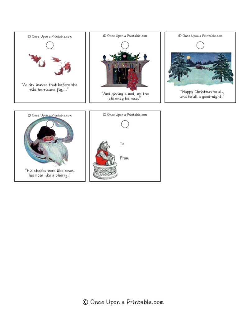 Vintage illustrated gift tags by Jessie Willcox Smith's version of Twas the night before Christmas story.