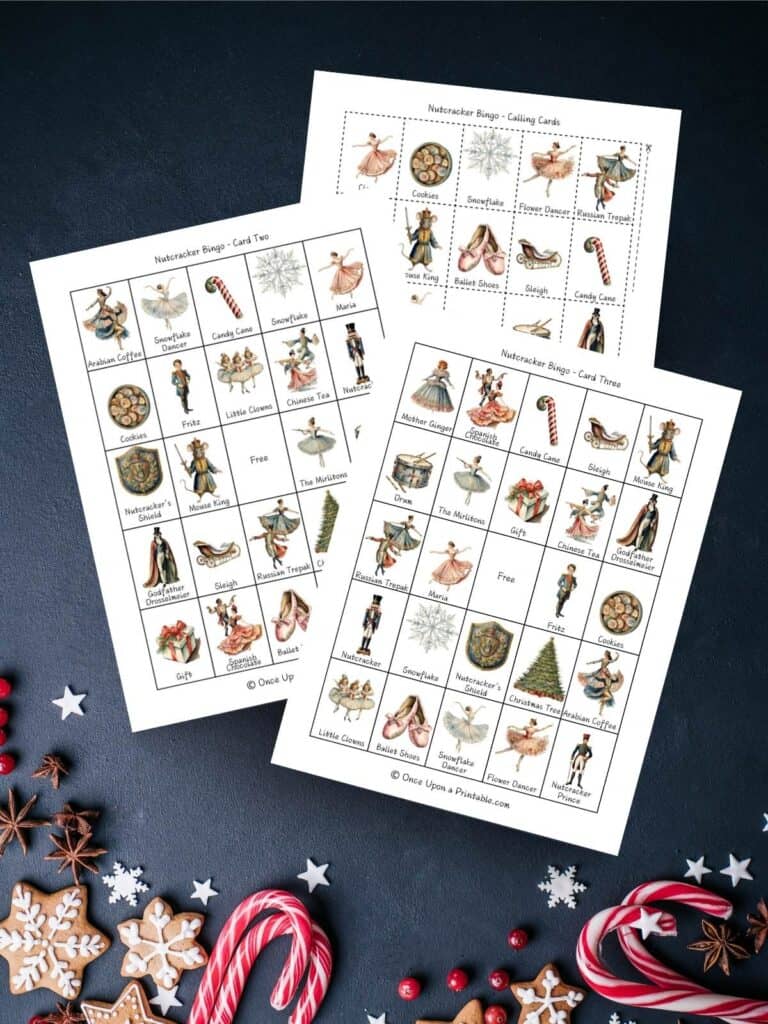 Nutcracker themed bingo cards with watercolor illustrated characters on a dark background with christmas candy and cookies.