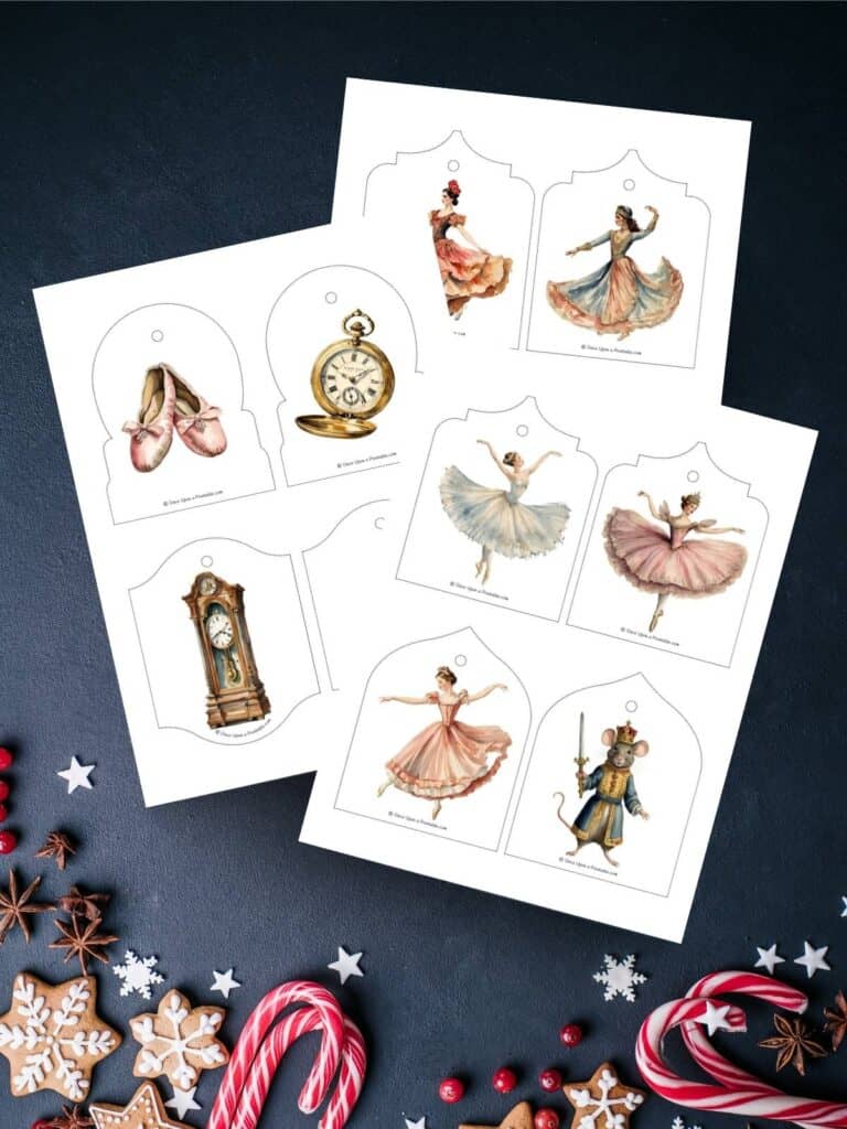 Nutcracker inspired illustrated christmas tree ornament printables.