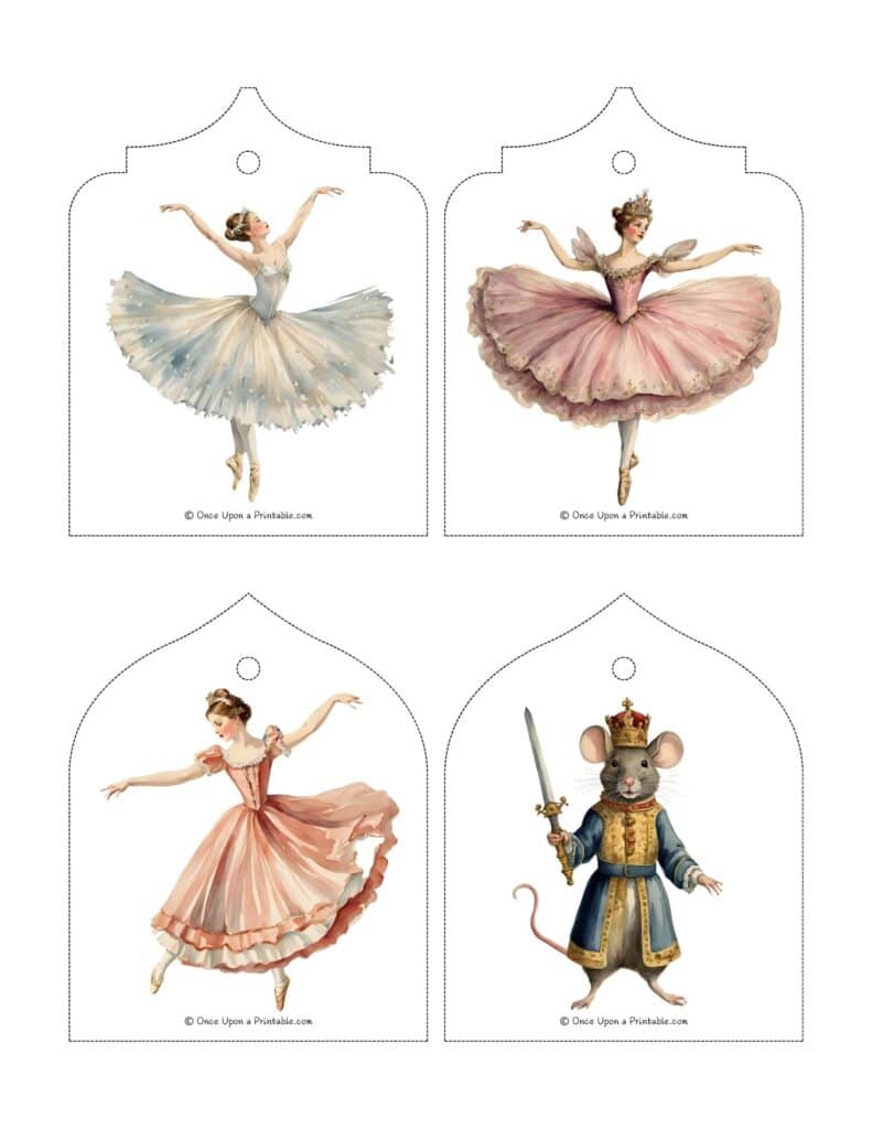 Nutcracker inspired illustrated christmas tree ornament printables.