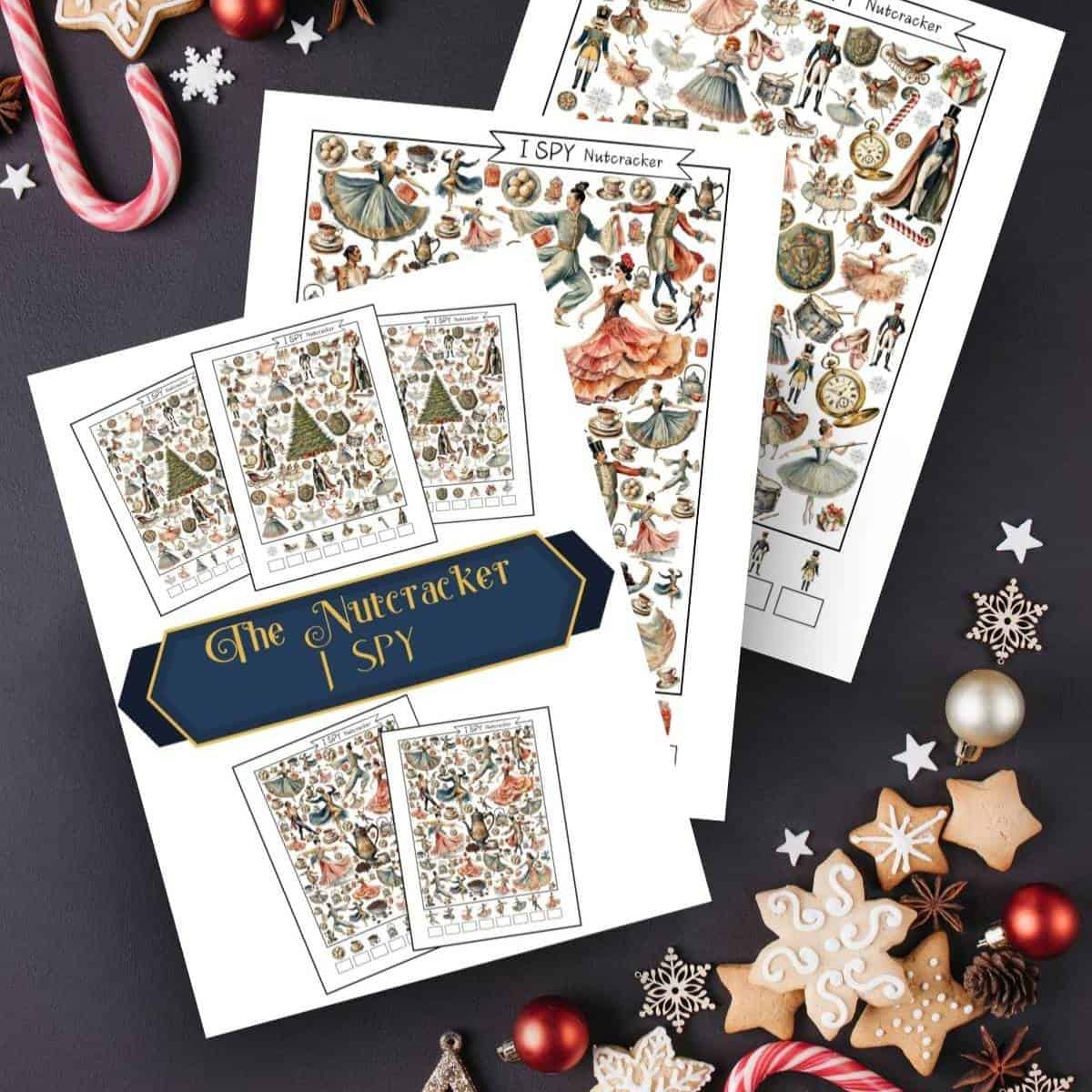 Brightly colored watercolor Nutcracker graphics with I Spy activity printables on a dark background with cookies and candies.