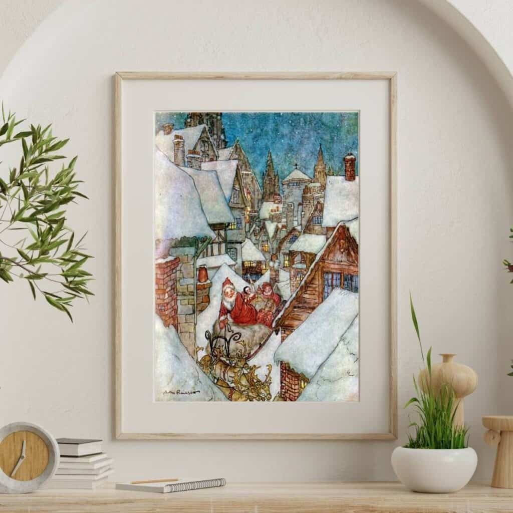 Twas the Night before Christmas illustrations by Arthur Rackham in full color, framed and displayed on the wall.