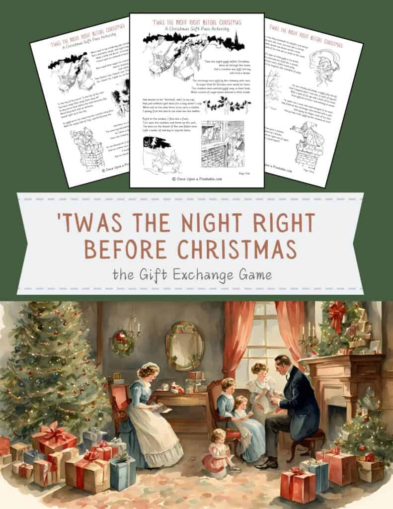 Twas the Night Right before Christmas exchange game printables with lovely watercolor illustration on the front cover and Arthur Rackham black and white illustrations through-out.