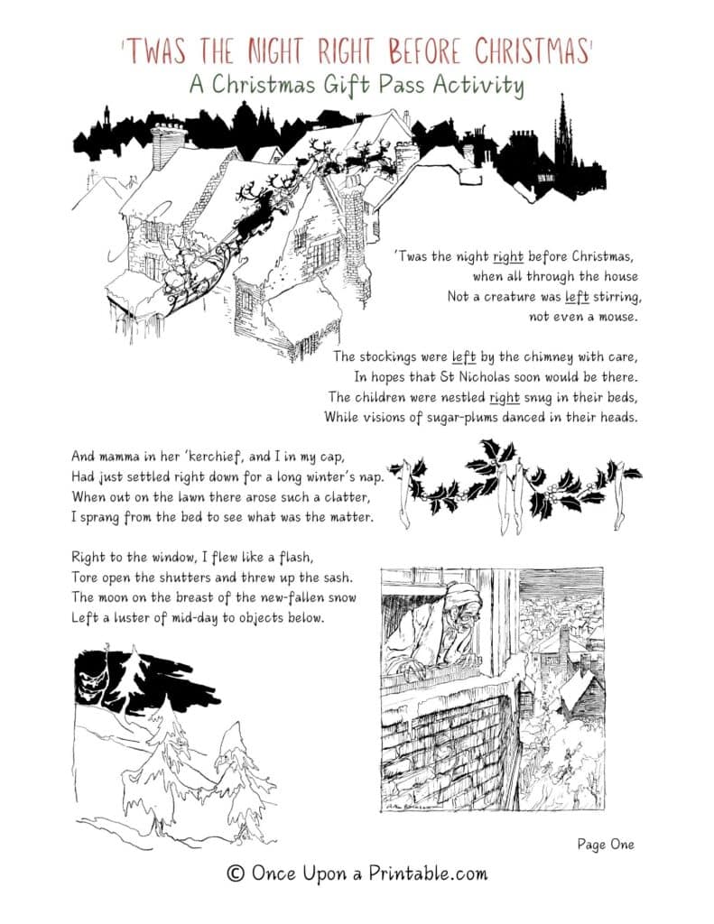 Twas the Night Right before Christmas exchange game printables with lovely watercolor illustration on the front cover and Arthur Rackham black and white illustrations through-out.