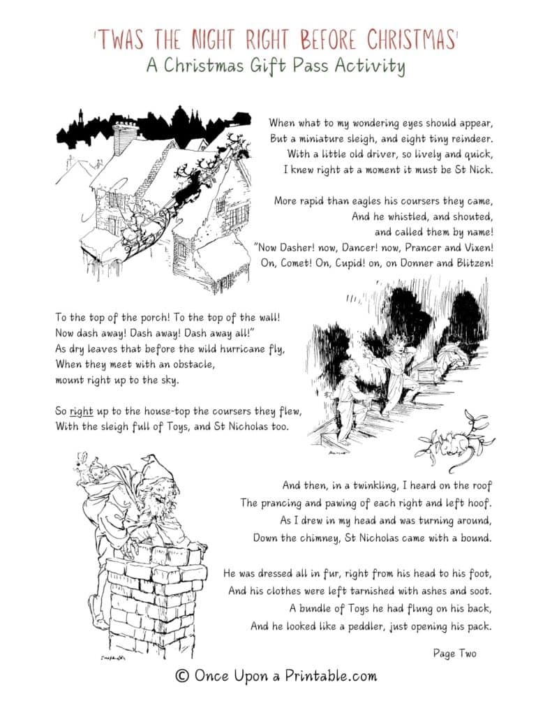 Twas the Night Right before Christmas exchange game printables with lovely watercolor illustration on the front cover and Arthur Rackham black and white illustrations through-out.
