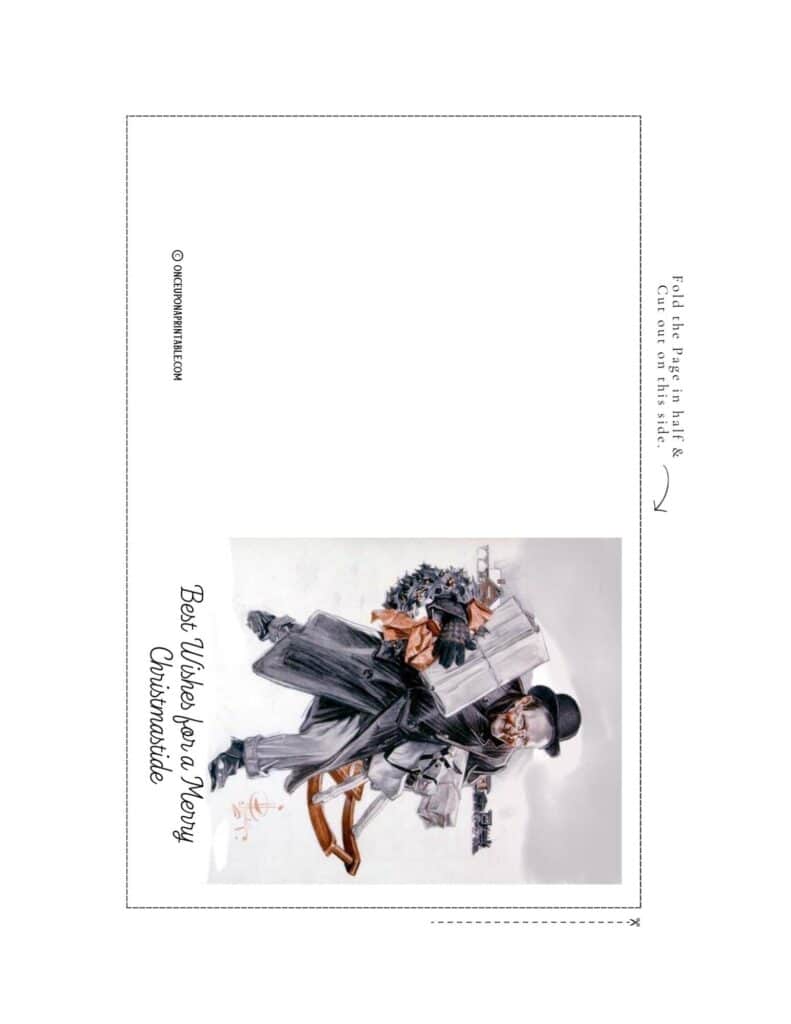 J. C. Leyendecker illustrated Christmas card with a man carrying packages in the snow rushing.