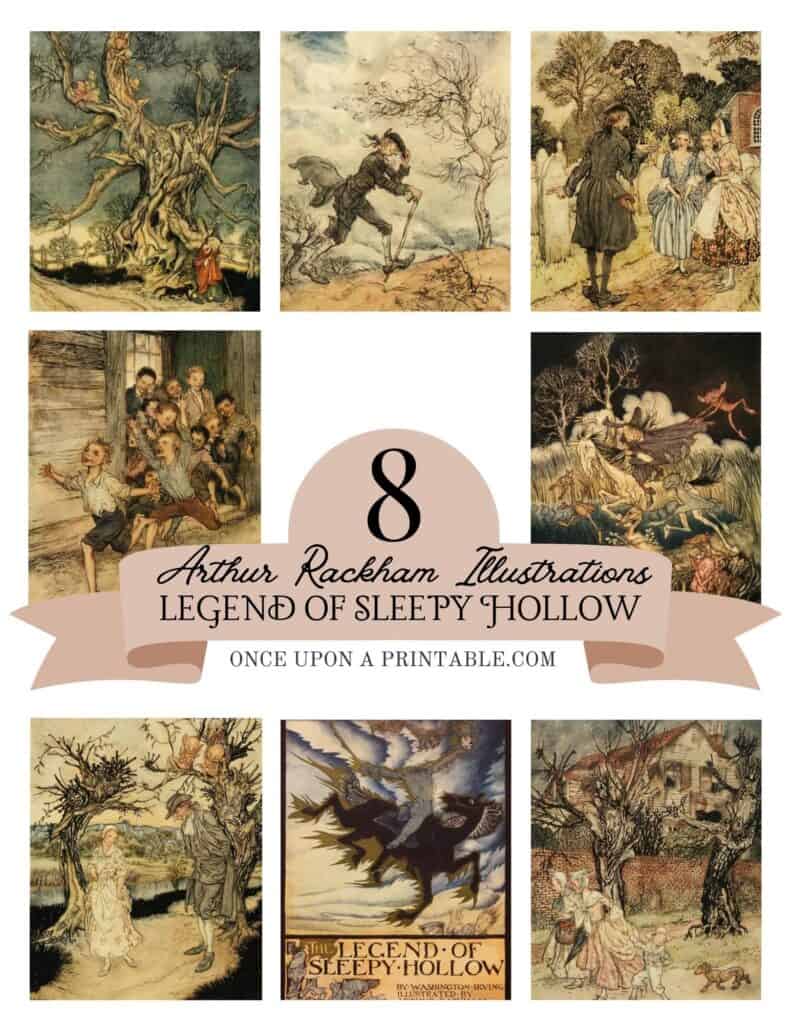 Printable illustrations of The Legend of Sleepy Hollow by Arthur Rackham.
