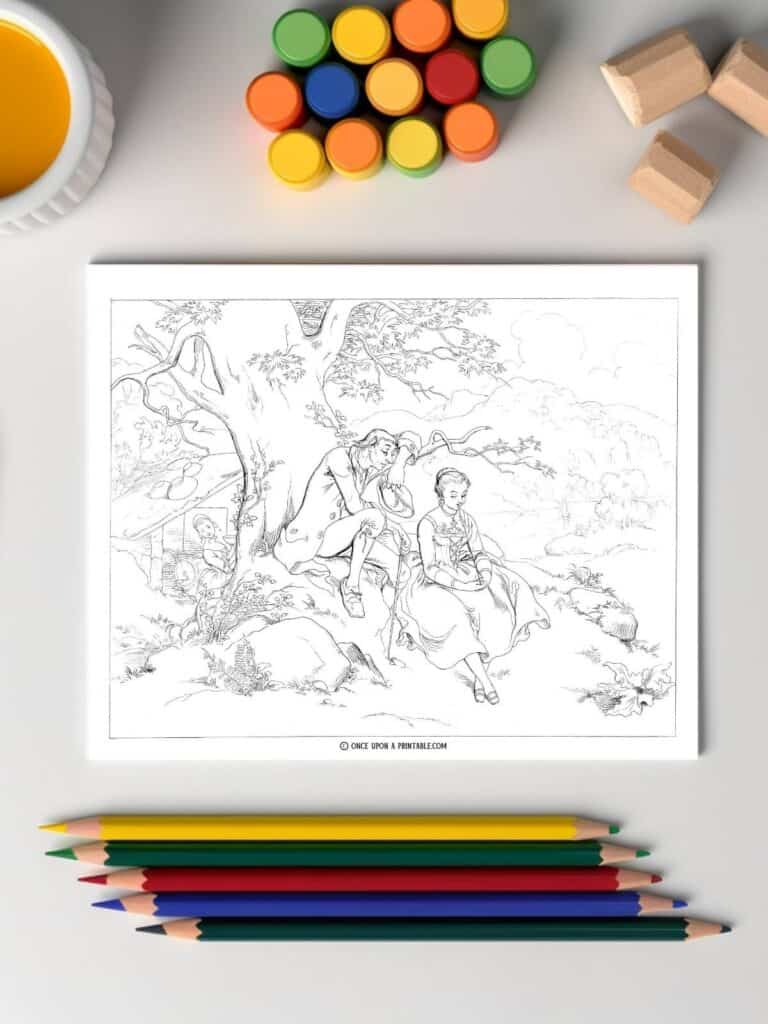 The  Legend of Sleepy hollow original illustrations by FOC Darley as coloring pages, Ichabod Crane courting Katrina Van Tassel sitting under a tree.