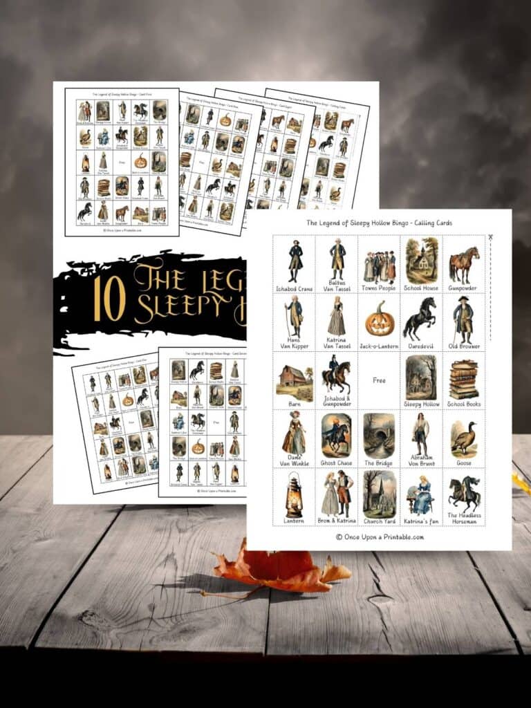 The legend of Sleepy Hollow bingo game printables displayed on a wooden table.