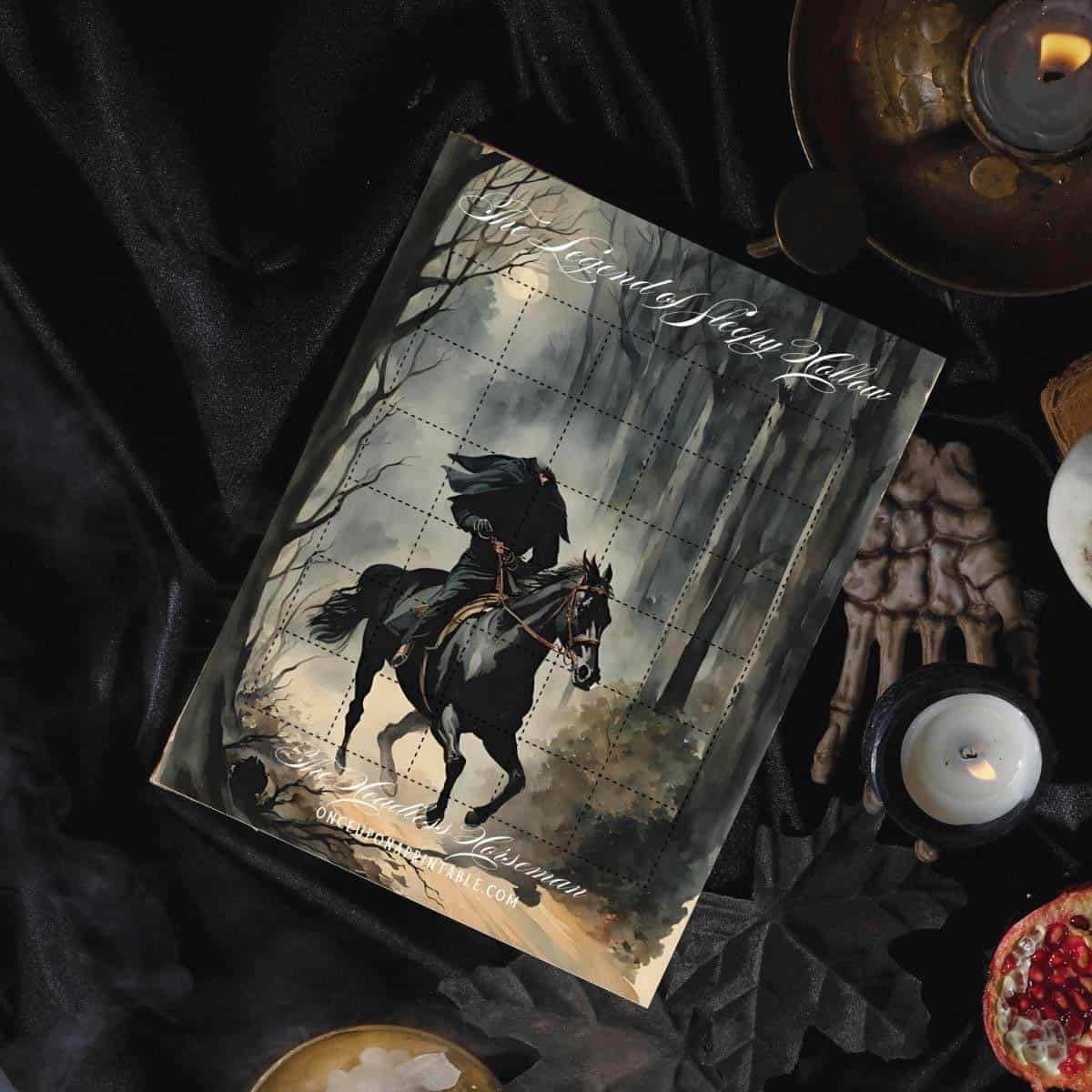 Sleepy Hollow Halloween countdown with the headless horseman printed and laying on a black blanket with plastic skeleton hand and skull, candles, and books.