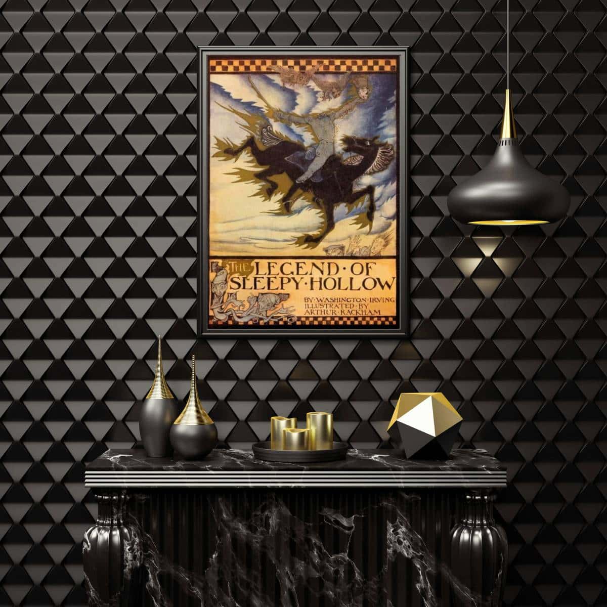 The legend of Sleepy Hollow illustration by Arthur Rackham framed and displayed on a black wall above a black table.
