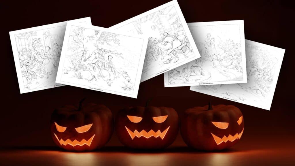 The  Legend of Sleepy hollow original illustrations by FOC Darley as coloring pages displayed with jack-o-lanterns.