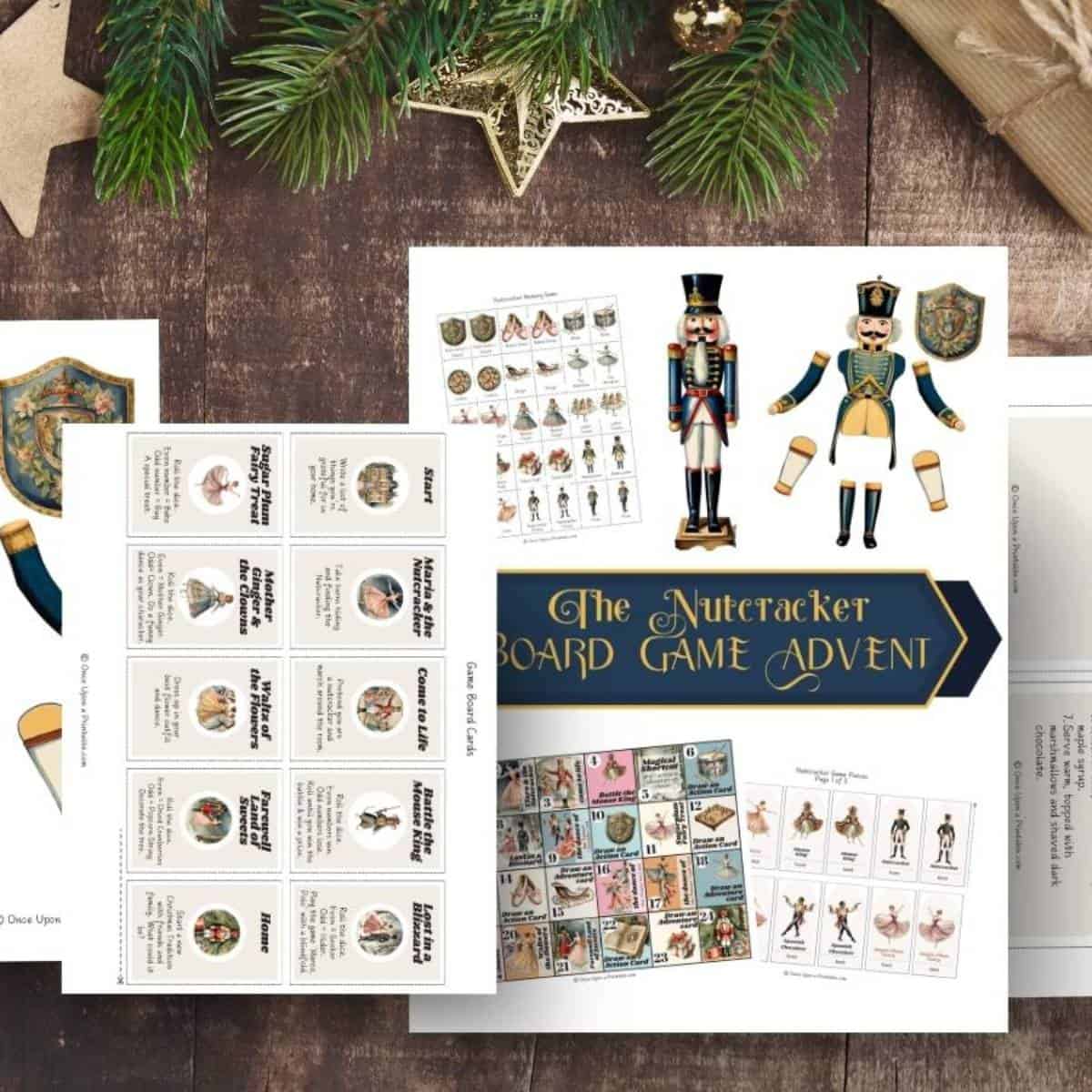 The Nutcracker advent board game unit study pages printed with beautiful vintage-style graphics of Nutcracker characters displayed on a wooden table with green garland and presents.