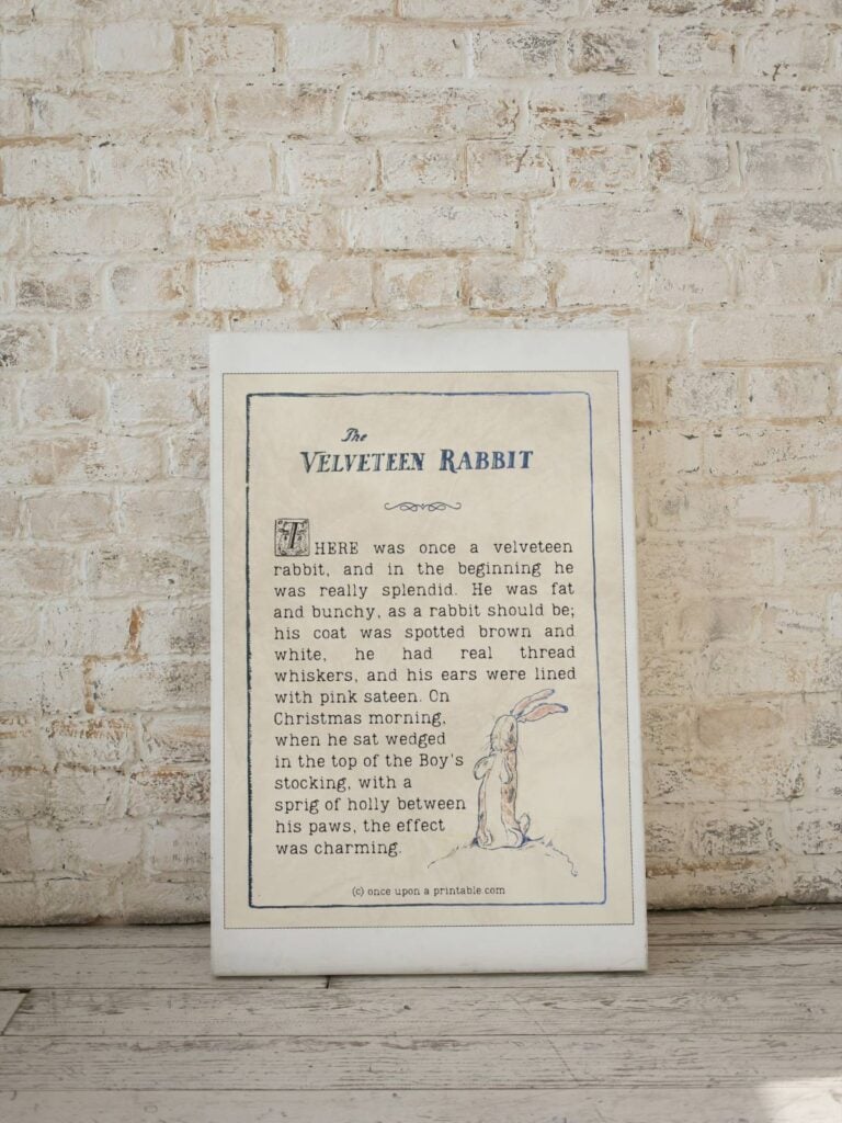 A beautifully framed printable of a quote from the velveteen rabbit with original illustrations, resting on a brick background.