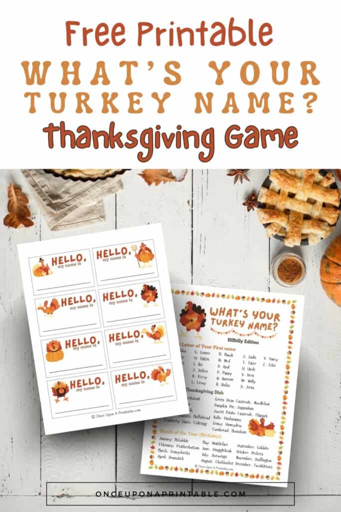 What's your turkey name printable with fun turkey graphics displayed on a wooden surface with apple pieces and pumpkins.