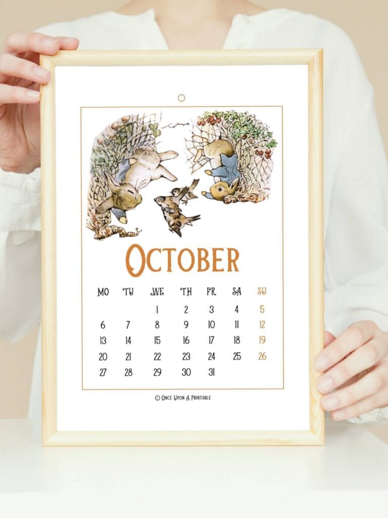 Fun colorful Peter Rabbit illustrated calendar of October for 2025 framed.