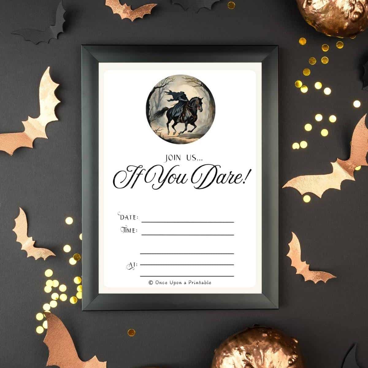 Sleepy Hollow headless horseman halloween party invitation framed and displayed on a black surface with gold pumpkins and bats.