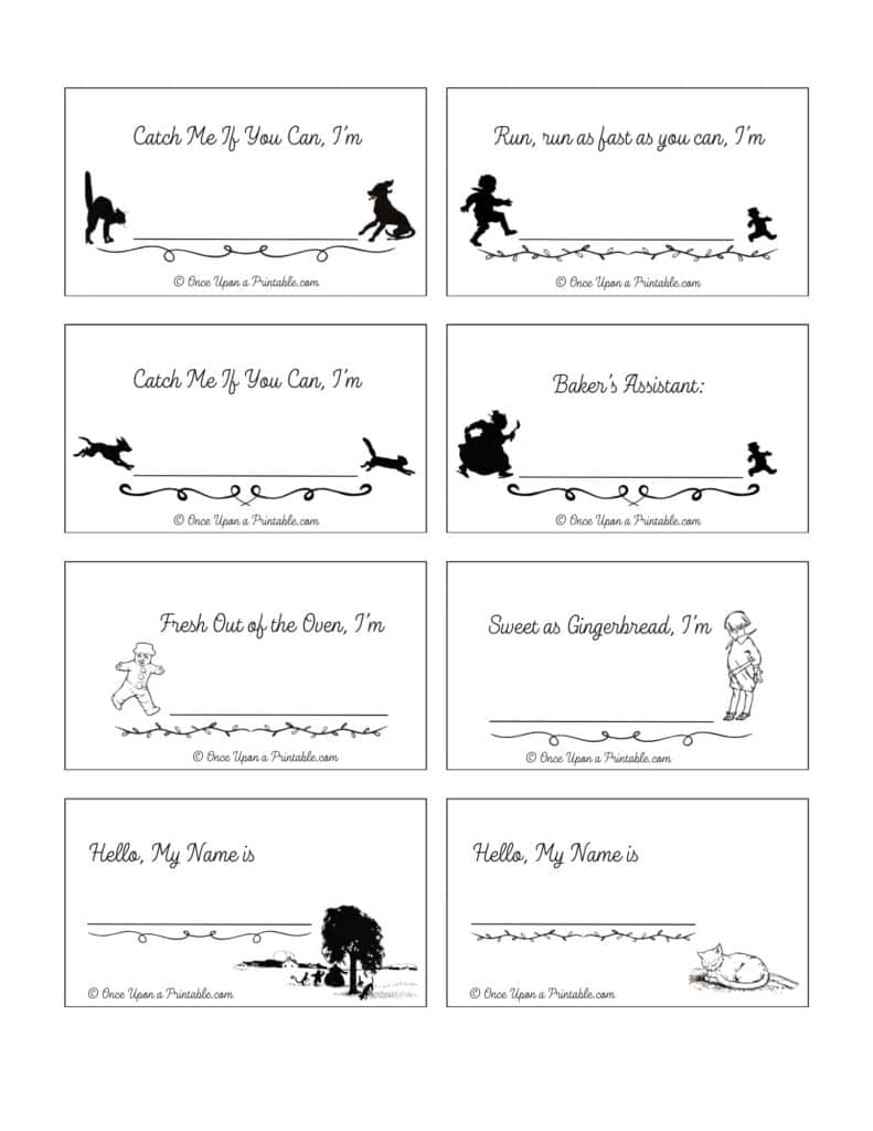 Classic black and white designed illustrated 'The Little Gingerbread Man' name tags.