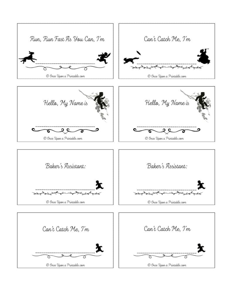 Classic black and white designed illustrated 'The Little Gingerbread Man' name tags.