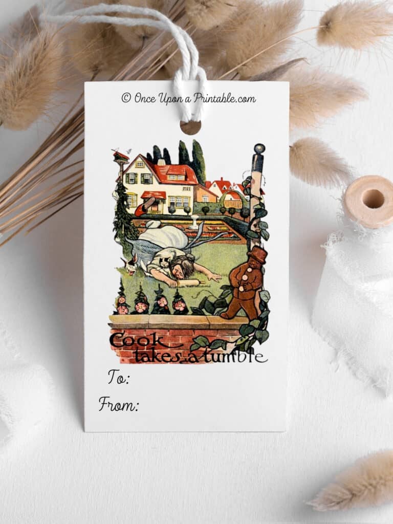 A brightly colored vintage illustrated gift tag from the book "The Little Gingerbread Man" by GHP and illustrated by Robert Gaston Herbert.