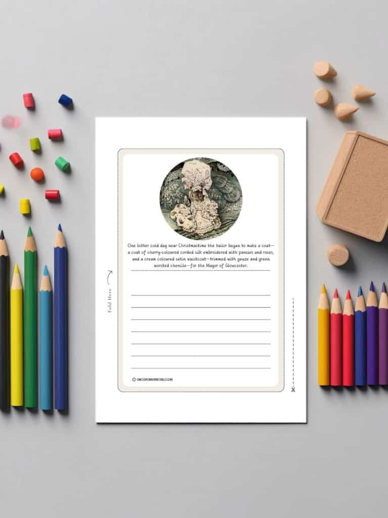 The tailor of gloucester illustrated stationary printed and sitting on a table next to coloring pencils.